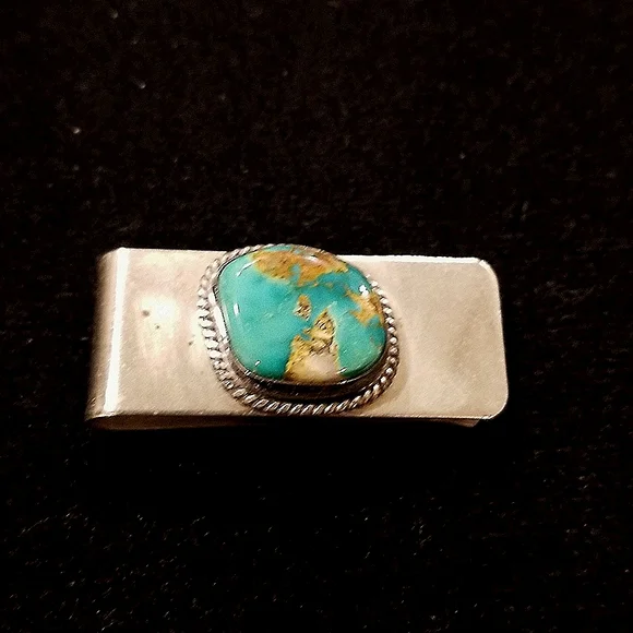 Navajo Old Pawn Sterling and Turquoise Money Clip. - Picture 1 of 4